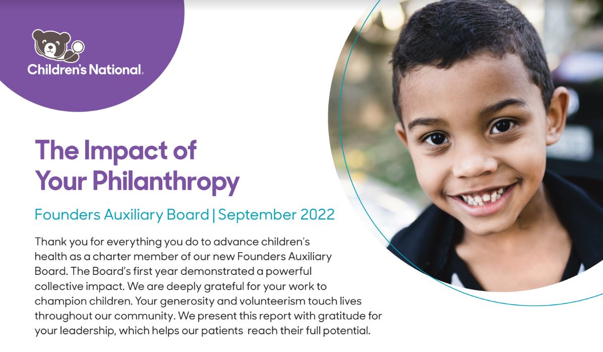 FY22 Impact Report Thumbnail - Child Smiling with Header "The Impact of Your Philanthropy"