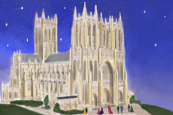 Artist rendering of the national cathedral with people in formal clothes walking up to it